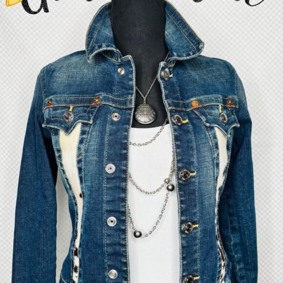 Upcycled True Religion Western Brown/white Cowhide Jean Jacket concho accent-XS - Picture 6 of 6